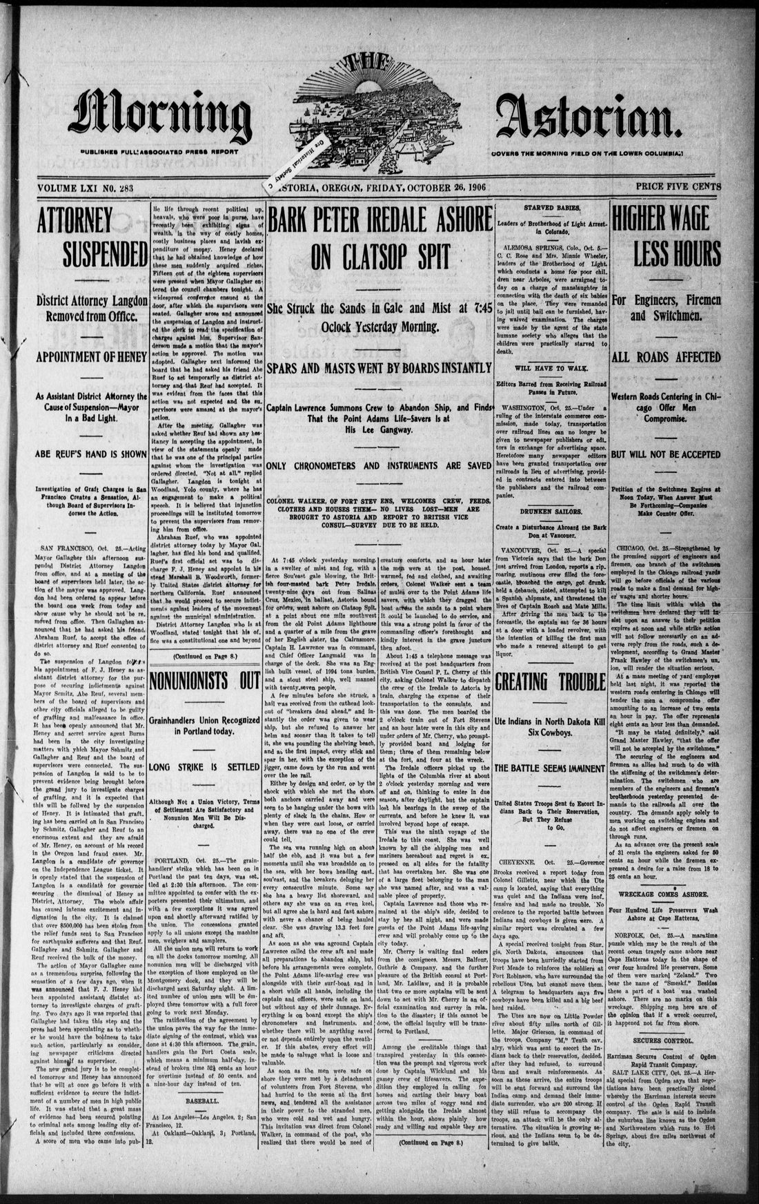 Front page of The Morning Astorian, Astoria, Oregon, Friday, October 26, 1906. The lead headline reads: Bark Peter Iredale Ashore on Clatsop Spit