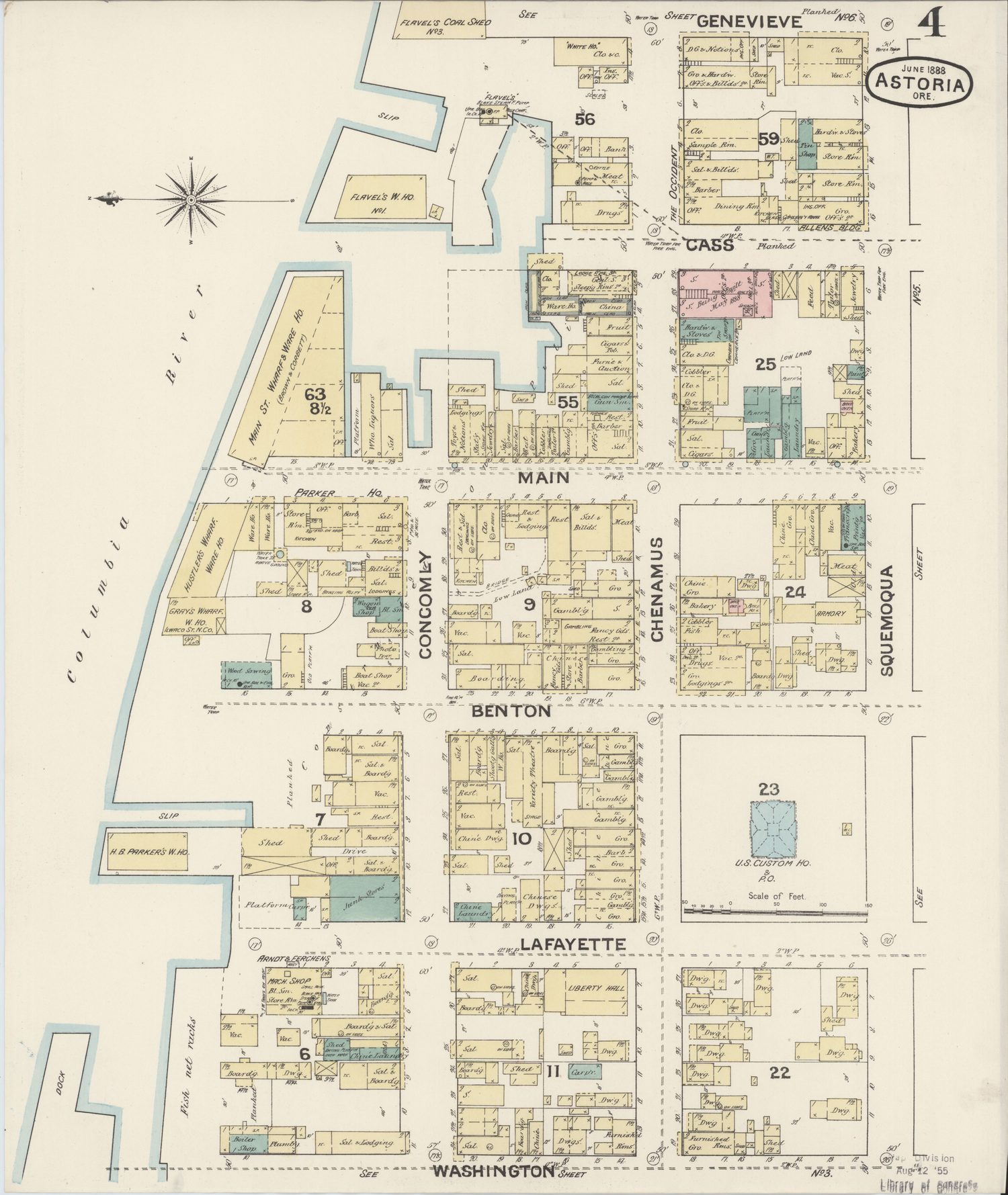 Sanborn fire insurance map of downtown Astoria, June 1888, sheet 4: the waterfront blocks under their first street names