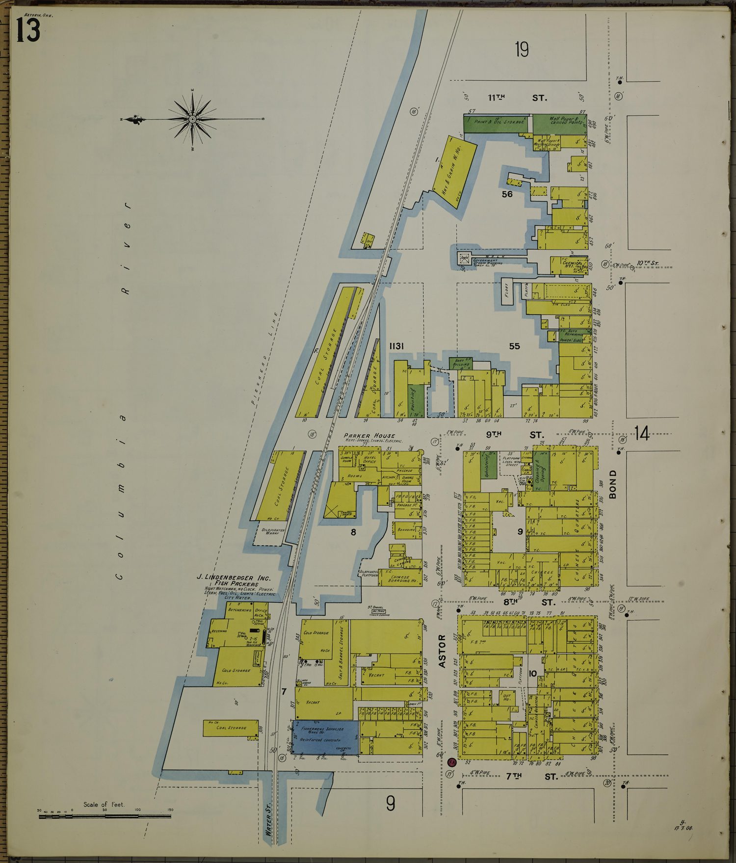 Sanborn fire insurance map of the same downtown Astoria blocks, 1908, sheet 13: the streets renamed, the canneries grown