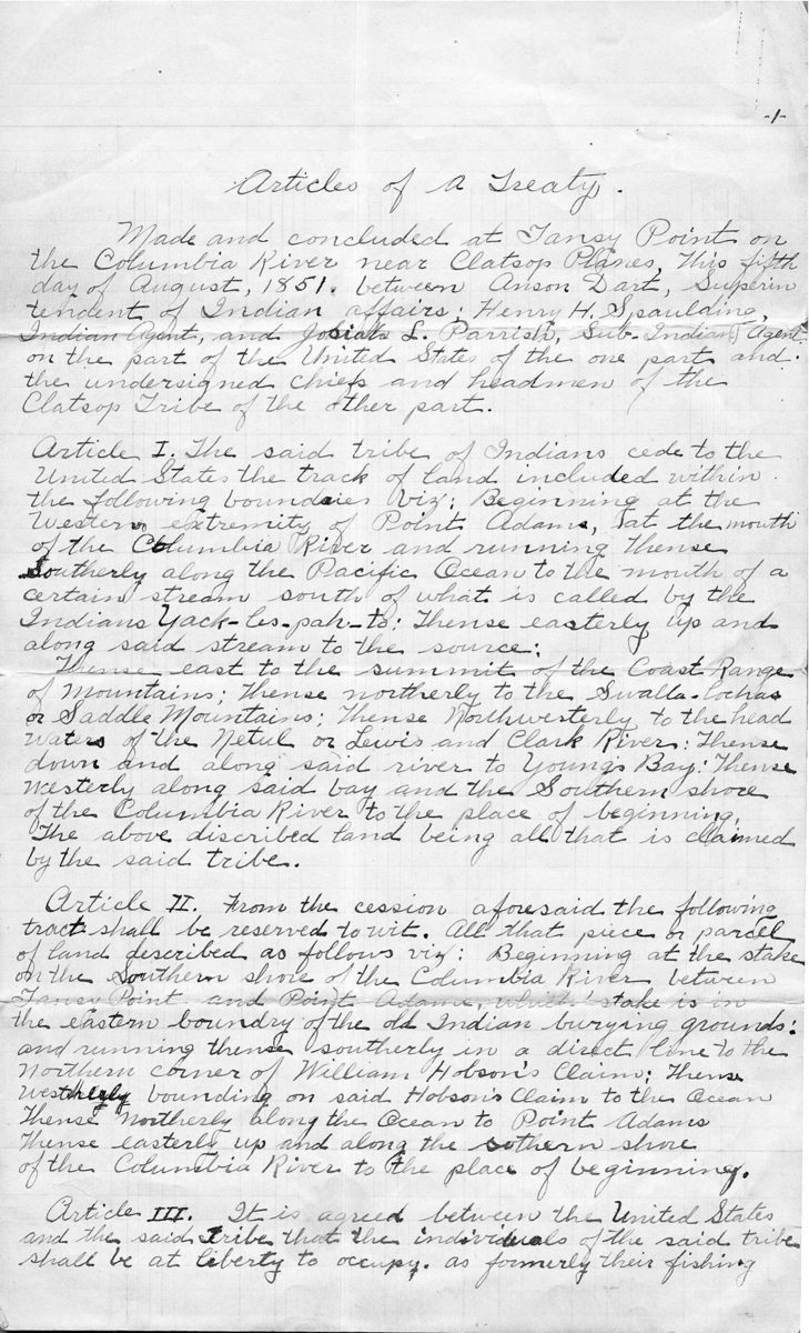 Tratado de 1851 entre la tribu clatsop y el gobierno de los Estados Unidos