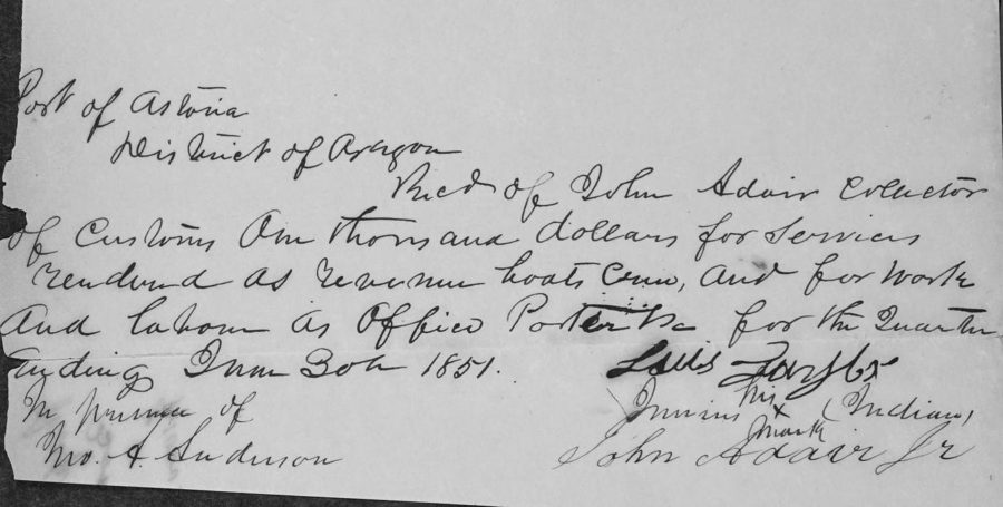Receipt for Wages Paid by John Adair to Lewis Taylor and Junius, crewmen