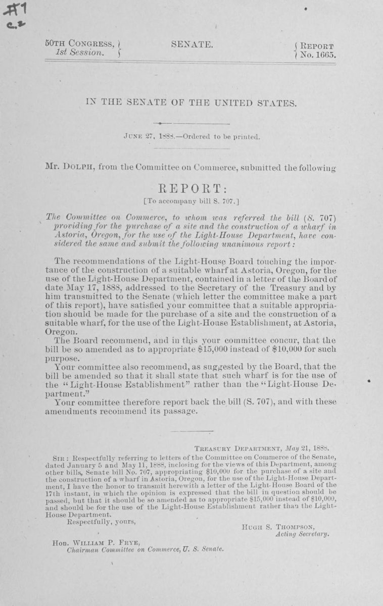 1888 Report from the Committee on Commerce, "providing for the purchase of a site and the construction of a wharf in…