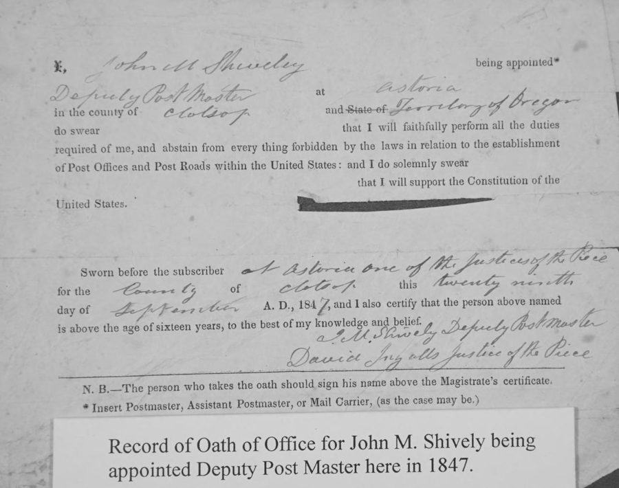 Record of Oath of Office for John M. Shively being appointed Deputy Post Master