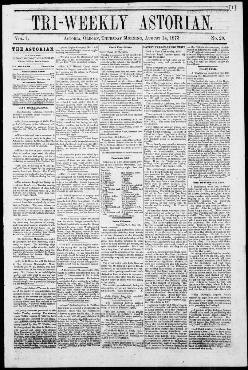 Tri-weekly Astorian, 14 de agosto de 1873