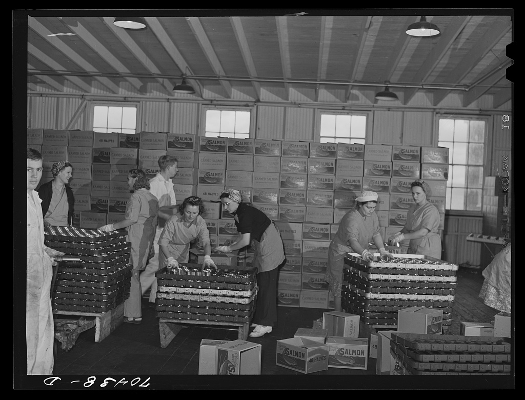 Packing canned salmon into cases, 1941